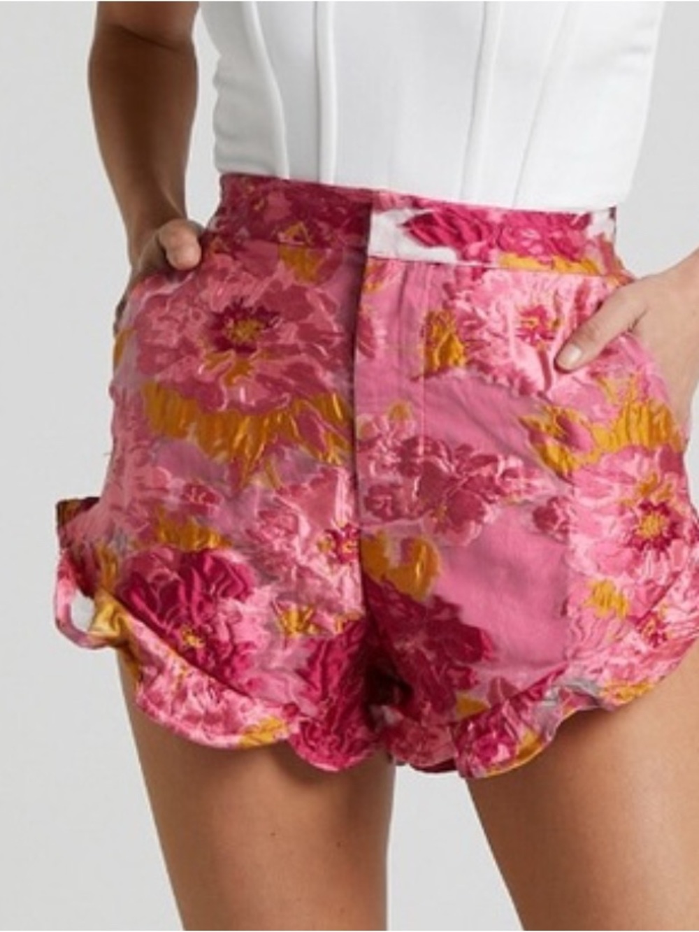 Showpo Pink and Gold Floral Scallop-Hem High Waist Shorts